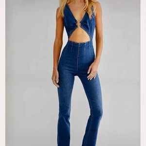 Free People Ultraviolet Blue Jean Denim Flare Legged Hippie Trendy Jumpsuit - Picture 1 of 6
