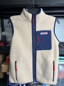 Vineyard Vines Boys Vest Sherpa Pile Fleece Blue Beige & Red Full Zip Large (16) - Picture 1 of 6