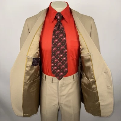 Vtg 70s Warren Sewell Suit Mens 42 Long Jacket 36 Pants Unhemmed Leisure Tan NOS - Image 1 of 4