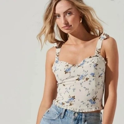 ASTR ivory floral print tie shoulder sleeveless crop top Large - Image 1 of 4