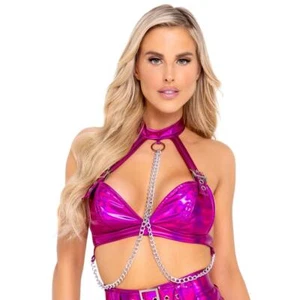 Holographic Buckle Top Chains O Ring Halter Collar Iridescent Hot Pink 6115 - Picture 1 of 5