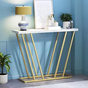 Gold Console Table, Modern Entryway Table with Geometric Metal Legs, Faux Marble - Picture 1 of 12