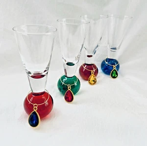 Vintage Set of 4 Retro Bubble Glass Cordial Shot Glasses + Teardrop Wine Charms - Picture 1 of 7