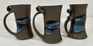 3 Artist Signed Studio Pottery Mugs Brown and Blue Glaze Each One is Unique 8 oz - Picture 1 of 6