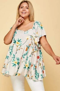Plus Size Floral Spring Top Check Printed Rayon Challis Square Neck - Picture 1 of 5