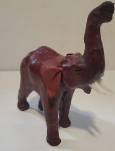 Vintage Leder umwickelt Elefant Statue Stoßzähne, Rüssel hoch - Bild 1 von 9