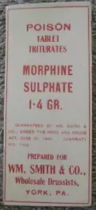 Morphinsulfat Gift Zerkleinerung Etikett 1x2,5 Patentmedizin Wm Smith York PA - Bild 1 von 1