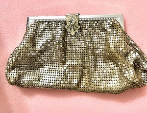 Vintage Whiting & Davis Gold Metallnetz Clutch Geldbörse mit Strassverschluss - Bild 1 von 10