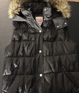 Women’s puffer vest black pink envelope fake fur hooded size large - Picture 1 of 8