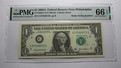 $1 2003 Radar Serial Number Federal Reserve Currency Bank Note Bill PMG UNC66EPQ - Image 1 of 3