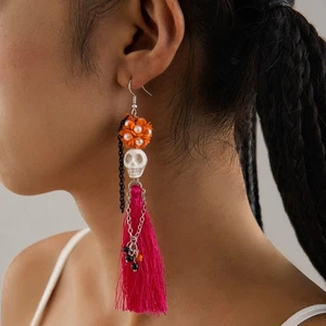 Versatile Spooky Skull with Tassel Earrings Halloween Fun Quirky New Arrival - Picture 1 of 22