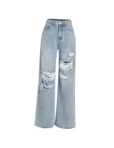 Women’s Ripped Jeans High Waisted Distressed Baggy Straight Wide Leg Pants - Picture 1 of 7