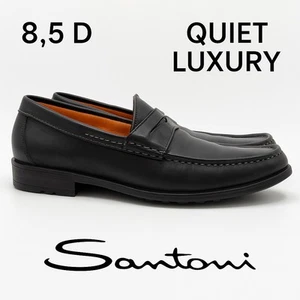 Santoni Ascott Penny Loafers Mens 8.5 D Black Leather Italy Dress Shoes - Picture 1 of 12