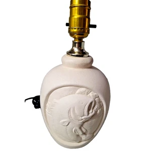 Large Mouth Bass Fish Pottery Table Lamp White Round Hunting Cabin Modern - Picture 1 of 6