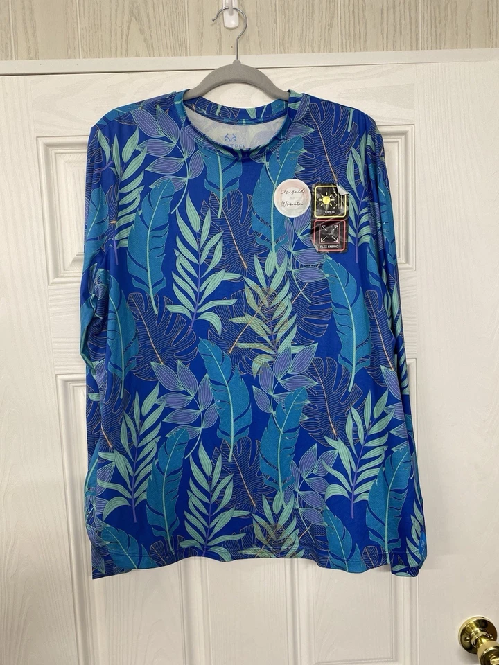 Womens Realtree Fishing Long Sleeve Blue Tropical Shirt Size XXL UPF 30