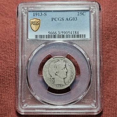 1913 S  Barber Quarter 25C Silver Coin Key Date PCGS AG3 - Image 1 of 4