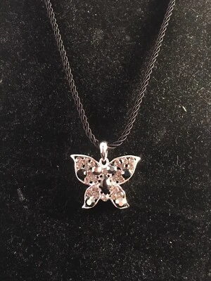   Collar Cookie Lee Mariposa Cristal Cordón Negro 17" Plata Lote #20 B13 Foto 1 de 4