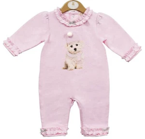 Baby Girl Mintini Romper Suit Frills Puppy Dog Pom Pom Pink - Picture 1 of 7