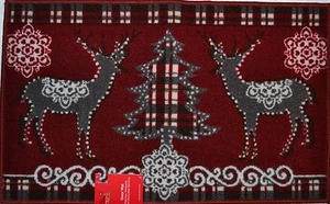 Rustic Rug~Christmas Reindeer Mat~Tree~Holiday Red Plaid~White~Deer~Gift~NEW - Picture 1 of 1