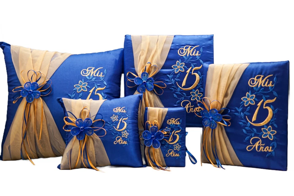 Juego de almohadas Mis Quince azul real/oro de 5 piezas libro de visitas álbum de fotos bíblico español Foto 1 de 4