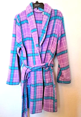 WOMEN'S ROBE SIZE LARGE SHORT FLEECE BELTED PURPLE/TURQUOISE PLAID ADONNA - Image 1 of 4