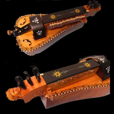 6 strings 24 keys Hurdy Gurdy bird's eye inlay shell purfling carved woman head - Image 1 of 4
