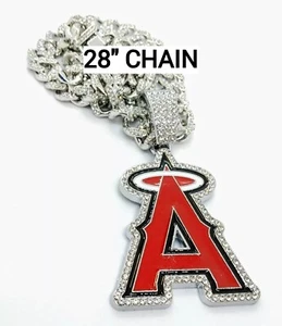LOS ANGELES ANGELS GEM NECKLACE Silver Bling Baseball Hip Hop Pendant 28" Chain - Picture 1 of 3