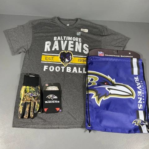 Baltimore Ravens NFL Ultimate Fan Gift Lot Bottle Sleeve, Gloves, Bag, LG Shirt Cover