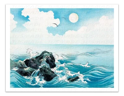 OCEAN WAVE AT KOJIMA ISLAND Vintage Japanese Illustration Unframed Art Print - Image 1 of 3
