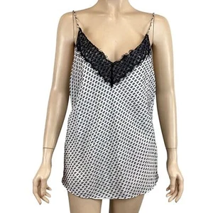 Massimo Dutti White Silk Black Lace Trimmed Cami Blouse Top Size 10 Swiss Dots - Picture 1 of 8