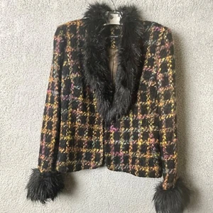 Karen Kane Jacket Womens 14 Black Plaid Colorful Faux Fur Collar Cuffs Wool - Picture 1 of 15