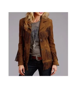 Giacca donna pelle scamosciata stile western con frange marrone camoscio cappotto stile - Foto 1 di 4