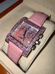 RARE PILO & CO. DIAMOND RHINESTONE PINK LEATHER BAND SWISS WATCH - Picture 1 of 12