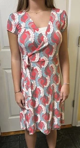 Boden 6R Teal/Coral leaves -Knee Length Wrap Dress NWOT - Picture 1 of 9