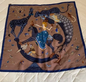 HERMES Carre 90 Hermes Story Seidentuch Tuch blau braun Etikett ohne Karton gebraucht. - Bild 1 von 7