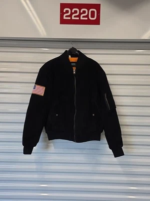 De colección Nueva Chaqueta de Bombardero Crew Azul Marino Gamuza L Parche Bandera de EE. UU. Cuero (AQ) Foto 1 de 4