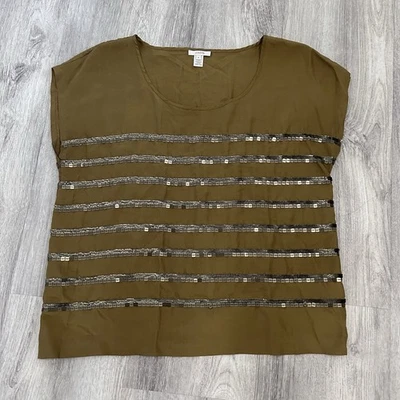J Crew 100% Silk Sequenced Top Blouse Womens Size 8 Brown Olive Short Sleeve - Image 1 of 4