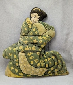 Vintage Velveteen Velvet Geisha and Cat Pillow Quilted 1960s -1970s - Picture 1 of 5