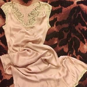 Vtg 30s 1930s Nightgown Long Slip Maxi Dress Gown Pink Bias Cut Silk Lace S M - Picture 1 of 8