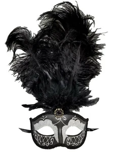 Black Silver Gem Venetian Feather Mask Mardi Gras Prom - Picture 1 of 2