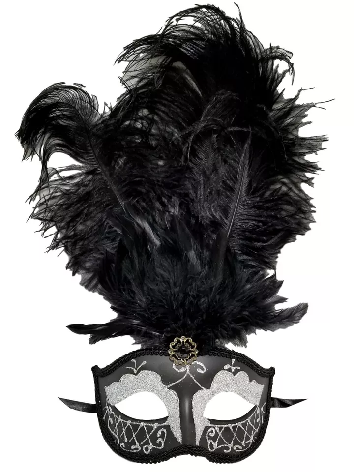 Black Silver Gem Venetian Feather Mask Mardi Gras Prom  - Image 1 of 2