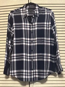 Banana Republic Button Up Shirt Womens Medium Black White Pink Plaid Collared - Picture 1 of 5