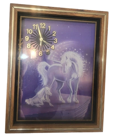 Vtg 80s Sue Dawe Unicorn Wall Clock Wood Fantasy Quartz Shadowbox Dawe Foal Colt Cover