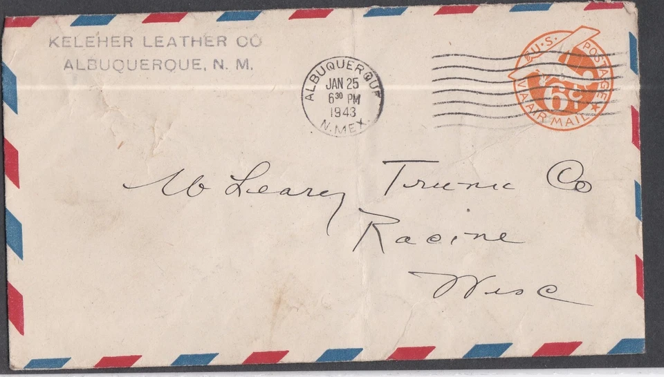 USA 1943 ADVERTISING COVER FROM KELEHER LEATHER ALBUQUERQUE NM TO RACINE WI - Image 1 of 1