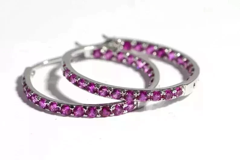 2.5 Ct Round Lab-Created Sapphire Inside Out Hoop Earrings 14k White Gold Plated - Image 1 of 2