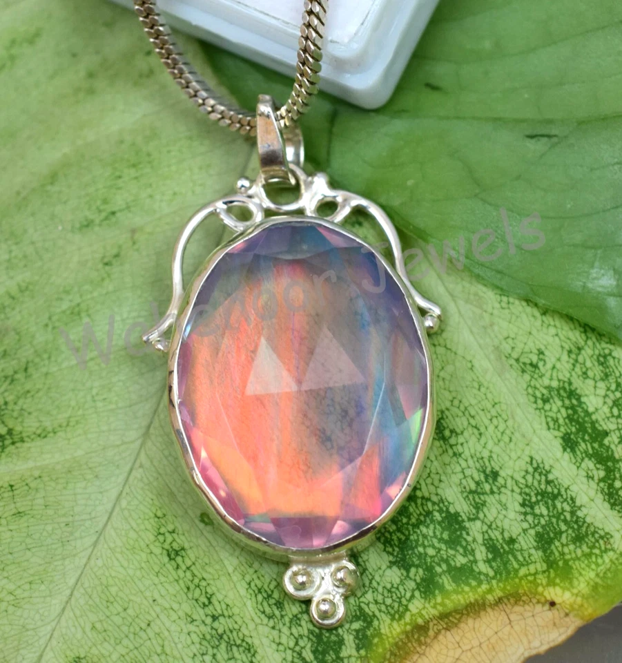 Raro 43.85 KT Aurora Opale Ovale 925 Pendente Argento Sterling Fatto a Mano - Immagine 1 di 4
