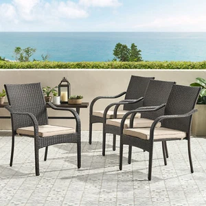 4Set Outdoor Wicker Patio Dining Chairs Stackable Garden Chairs Yards Brown US - Picture 1 of 12