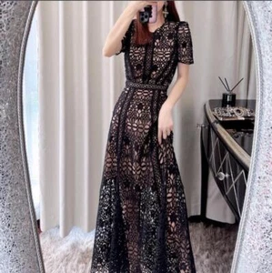 Womens Pretty Guipure Lace Round Neck Short Sleeves Long Party Evening Dress 061 - Bild 1 von 8