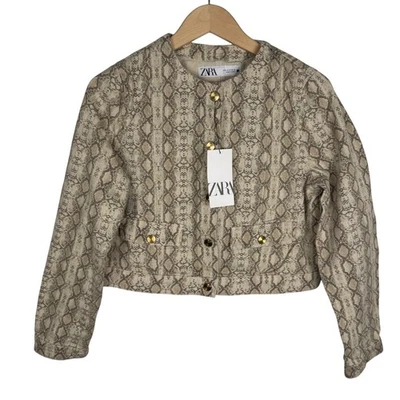 Zara Snakeskin Print Denim Cropped Jacket Blazer Gold Button Womens Size  M Tan - Image 1 of 4