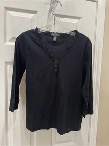 Ralph Lauren Women Gorgeous Black V-Neck Top 3/4 Sleeve Sz M beautiful - Picture 1 of 3